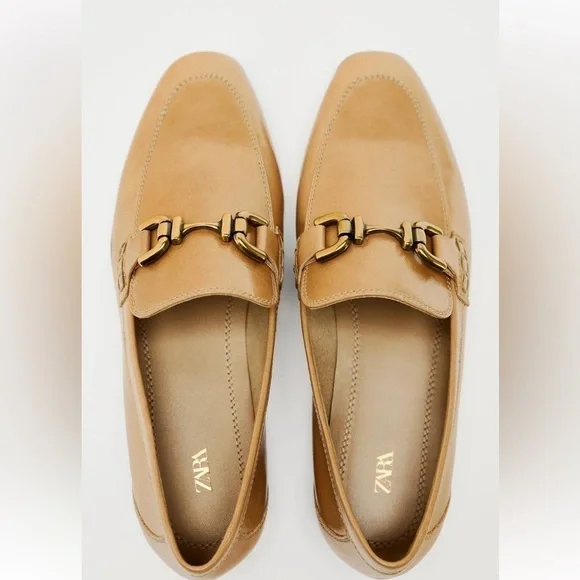 ZARA CHAIN TRIM LEATHER LOAFERS LIGHT BEIGE SZ US 10 - Picture 7 of 7